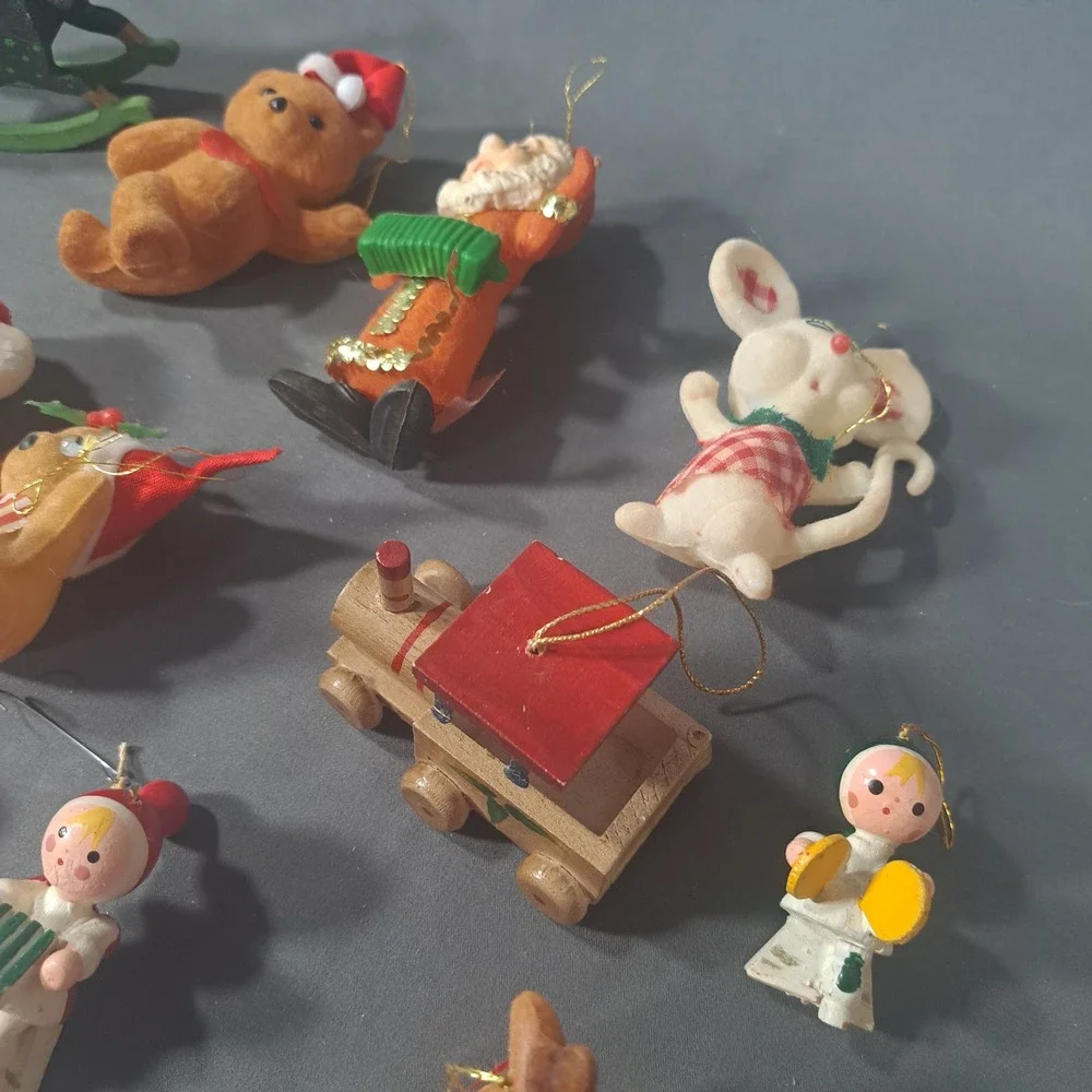 VTG Christmas Ornaments Lot Flocked Wood‎ Bear Santa Rocking Horse Retro Holiday